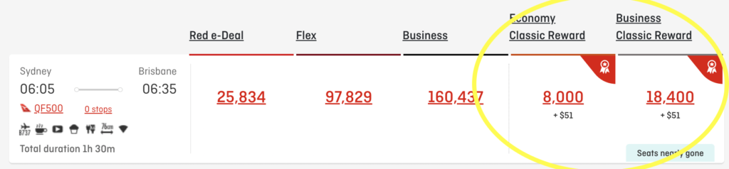  Qantas Classic Reward Seats