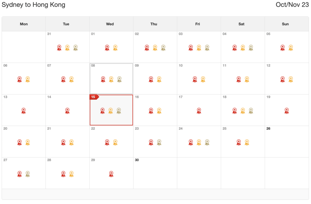 Classic Reward Flight Availability November Hong Kong