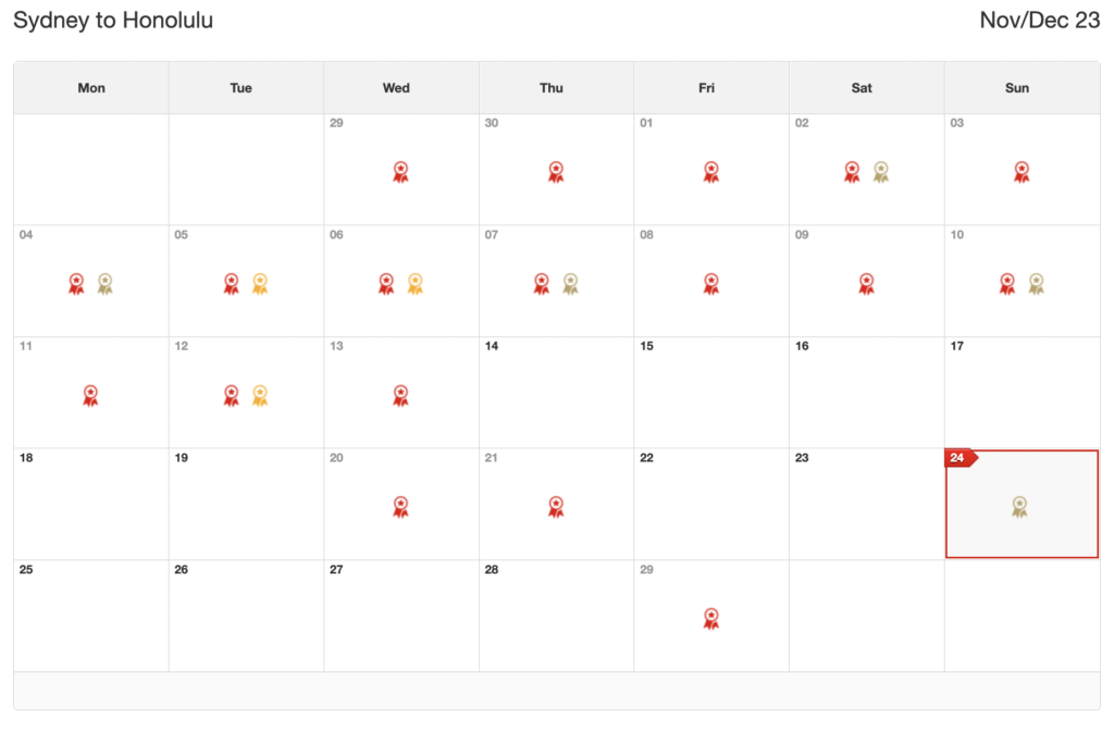 Classic Reward Flight Availability December